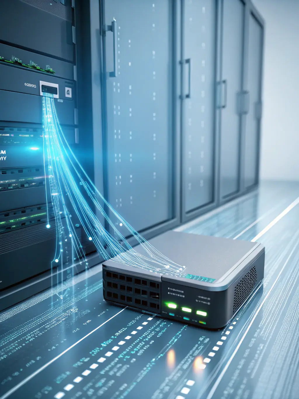 An illustration of a secure data network with encrypted data packets flowing between edge devices and a central server, emphasizing data security.