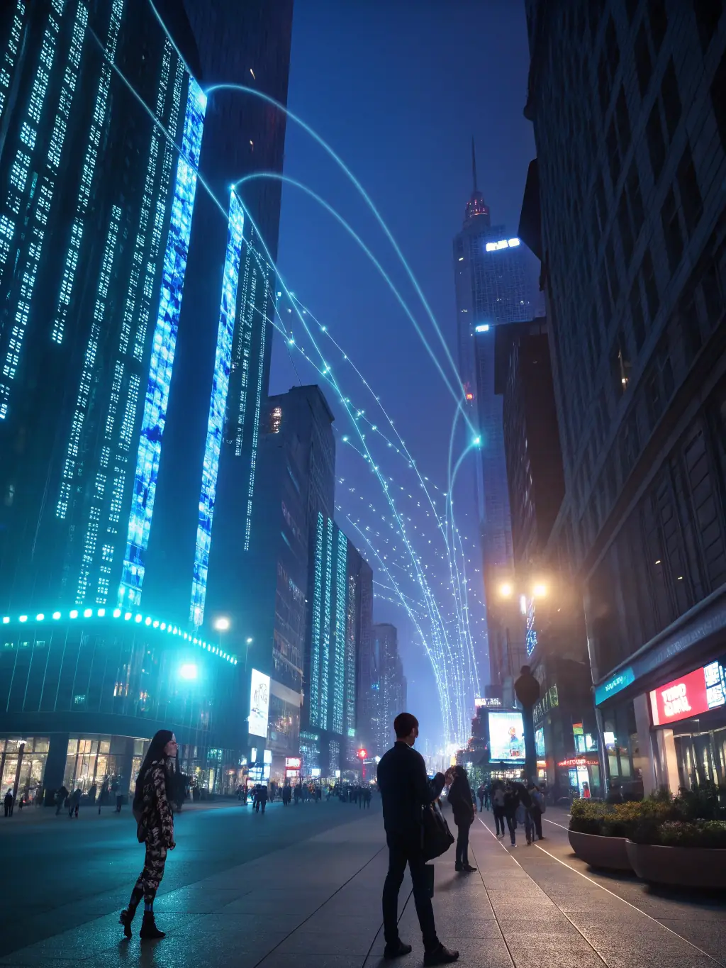 An image showcasing a smart city environment with interconnected devices, data analytics dashboards, and AI-powered traffic management systems, highlighting the application of AI in urban development.