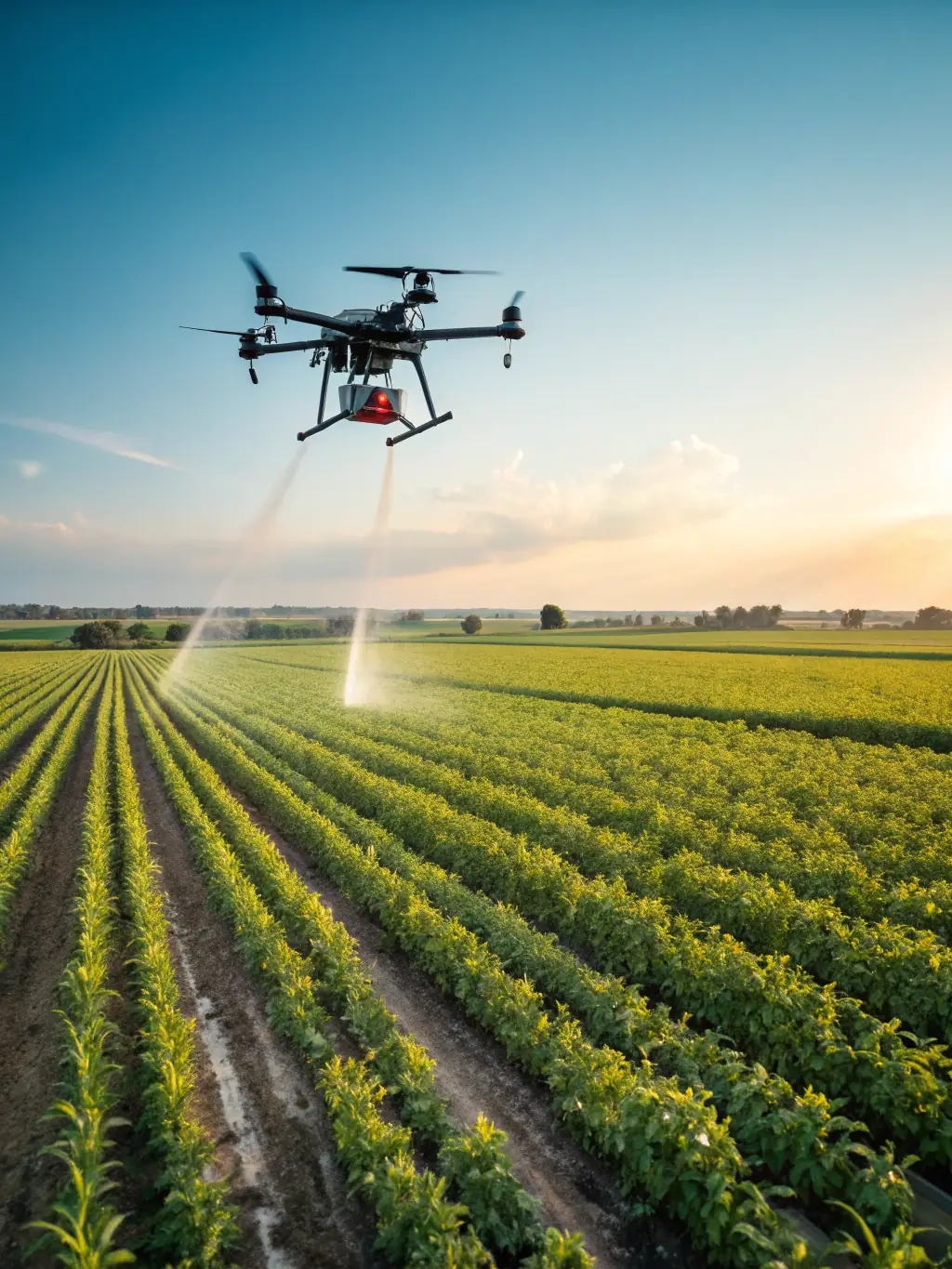 A high-resolution image depicting a smart agriculture setup with drones monitoring crops and AI-driven irrigation systems, showcasing real-time data analysis in farming.
