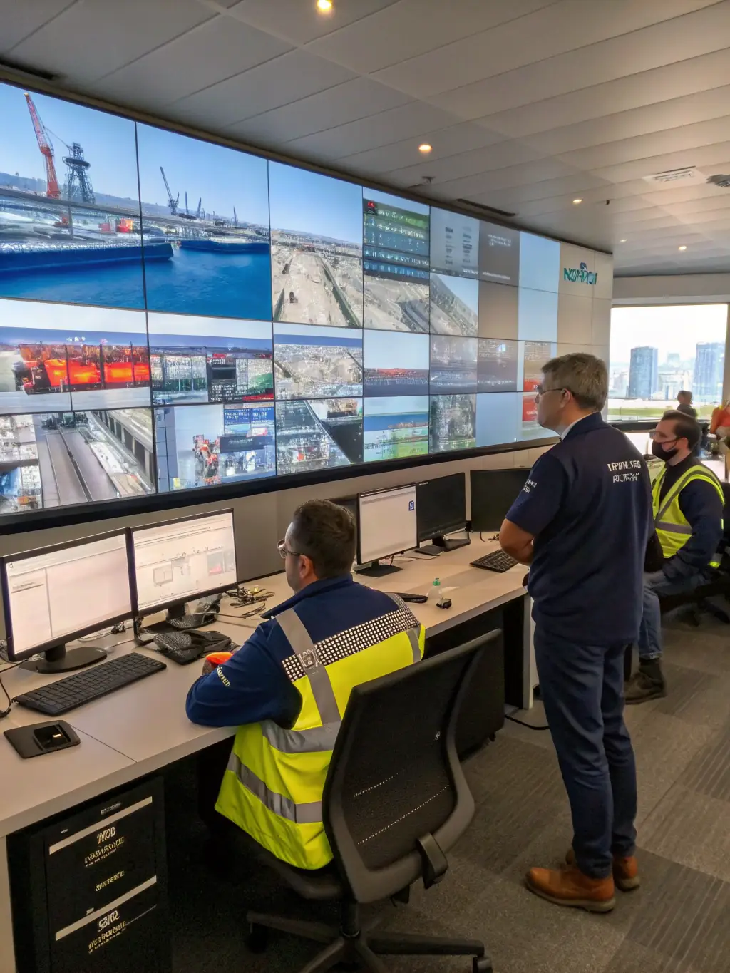 An image showing a logistics control center with real-time tracking of shipments and AI-optimized delivery routes on large display screens.