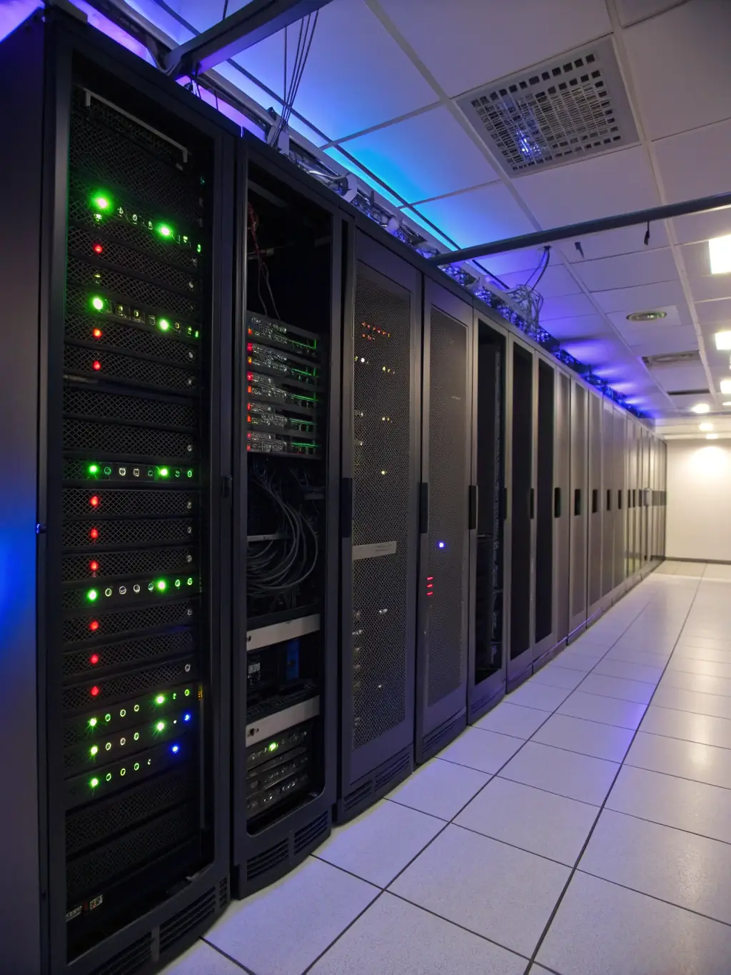 A high-resolution image depicting a futuristic server room with glowing data streams, symbolizing real-time data processing at the edge.