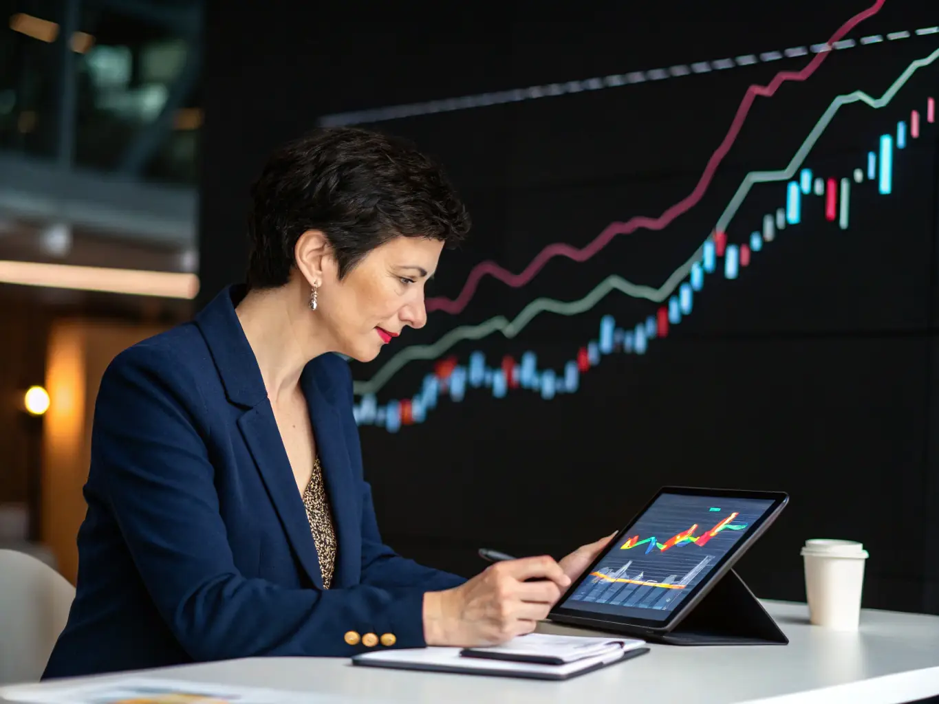 A successful business owner smiling confidently while reviewing real-time data insights on a tablet, showcasing Sun Weave's commitment to client success.