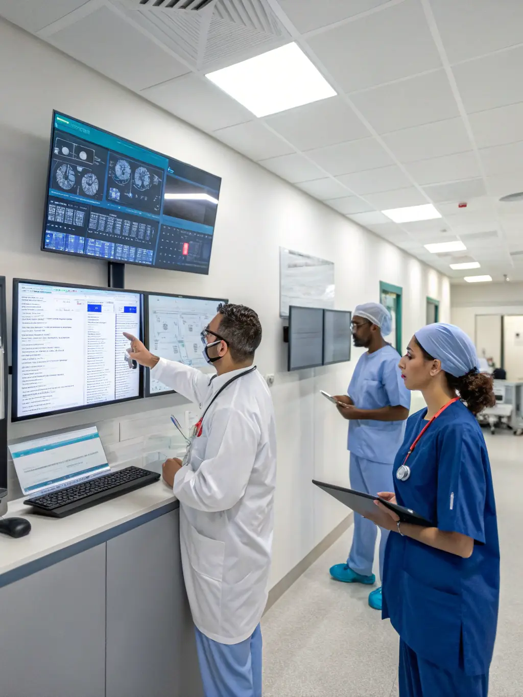 A clean, professional image of a hospital environment with doctors using AI-powered diagnostic tools and remote patient monitoring systems, illustrating the use of AI in healthcare.
