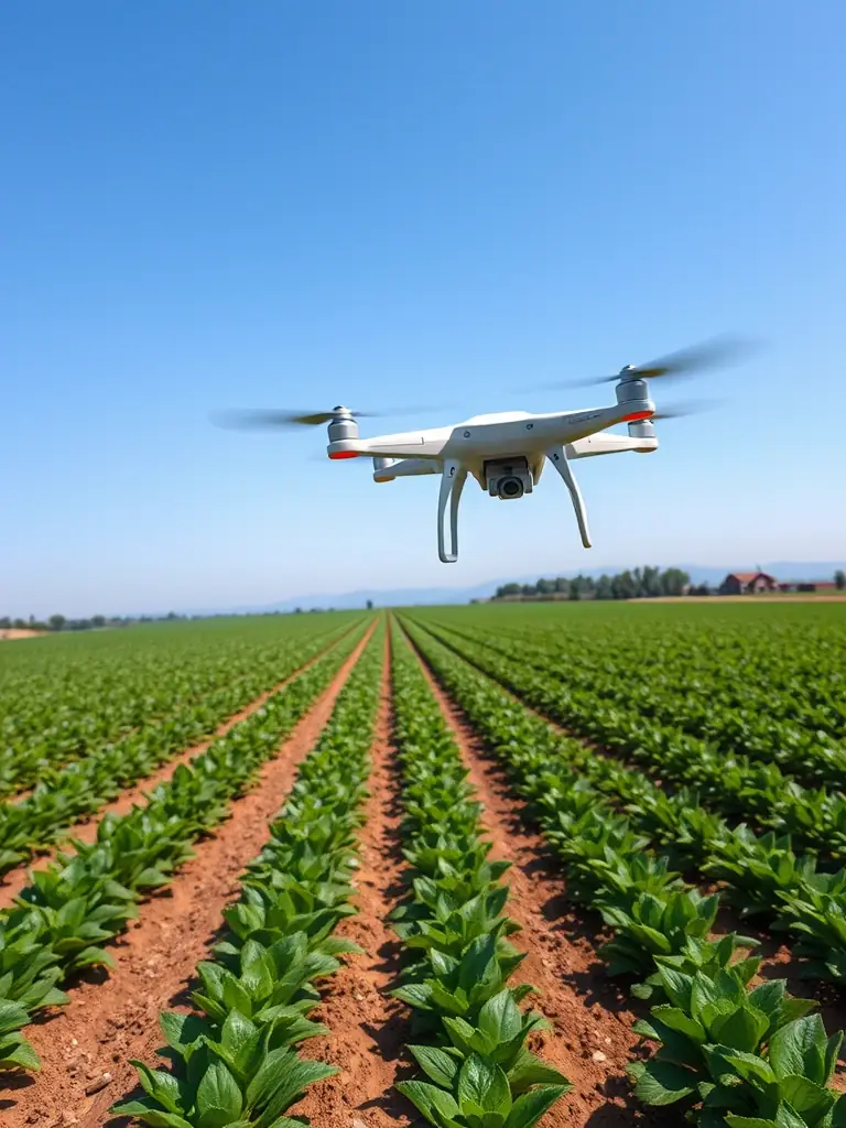 A vibrant, high-resolution image depicting a modern agricultural setting with drones monitoring crop health and automated irrigation systems, showcasing the application of AI in agriculture.