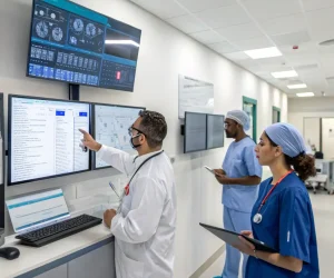 A clean, professional image of a hospital environment with doctors using AI-powered diagnostic tools and remote patient monitoring systems, illustrating the use of AI in healthcare.